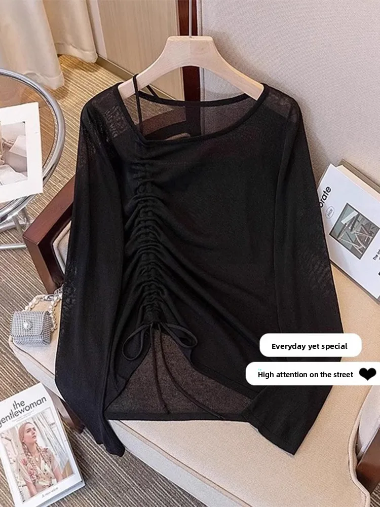 Summer Thin Women's T-shirt Sun Protection Shirt Drawstring Outerwear Transparent Casual Loose Fit Long Sleeve Korean Style
Summer Thin Women's T-shirt Sun Protection Shirt Drawstring Outerwear Transparent Casual Loose Fit Long Sleeve Korean Style