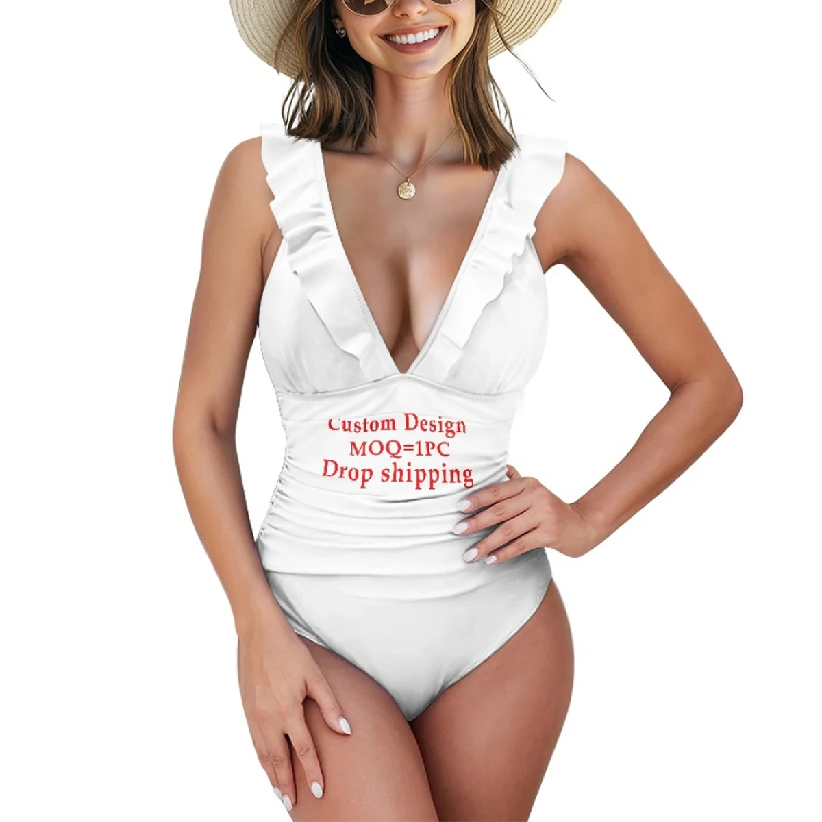 Summer Custom Logo Print Women's Ruffled One Piece Swimsuit V Neck Lace up Ruched Tummy Control Bathing Suits High Cut Monokini
Summer Custom Logo Print Women's Ruffled One Piece Swimsuit V Neck Lace up Ruched Tummy Control Bathing Suits High Cut Monokini