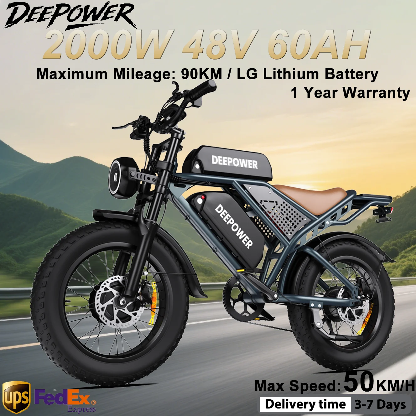 DEEPOWER QS7 2000W Adult Electric Bike 48V 60AH Dual Battery High-Performance Off-Road Electric Bicycle 20*4.0 Inch Fat Tires Smart Instrument Panel Hydraulic Suspension All-Terrain Ebike
DEEPOWER QS7 2000W Adult Electric Bike 48V 60AH Dual Battery High-Performance Off-Road Electric Bicycle 20*4.0 Inch Fat Tires Smart Instrument Panel Hydraulic Suspension All-Terrain Ebike