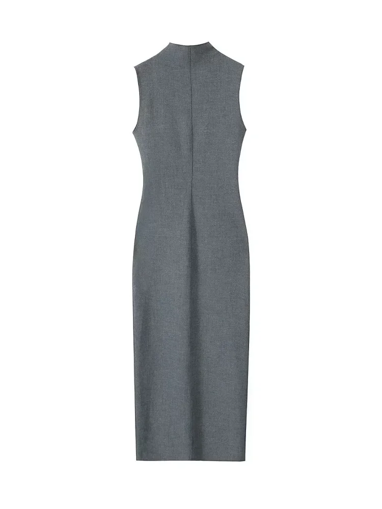 Spring New Women Fashion Grey Back Zipper Slit Midi Dress Vintage O-Neck Sleeveless Female Chic Lady Dresses
Spring New Women Fashion Grey Back Zipper Slit Midi Dress Vintage O-Neck Sleeveless Female Chic Lady Dresses