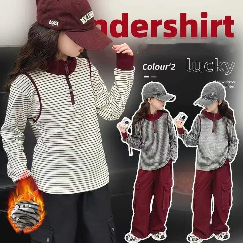 Kids Girls' Velvet Bottom Shirt 2025 Autumn/Winter New Thickened Shirt Striped Middle Collar Top Half High Collar T-shirt
Kids Girls' Velvet Bottom Shirt 2025 Autumn/Winter New Thickened Shirt Striped Middle Collar Top Half High Collar T-shirt