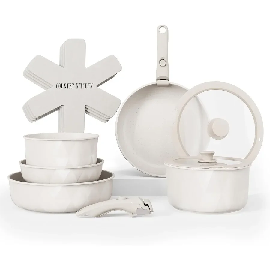 Cream Diamond Cookware Set with Removable Handles for Oven and RV Use NonStick Pots and Pans Set Ideal for Home Kitchen Camping
Cream Diamond Cookware Set with Removable Handles for Oven and RV Use NonStick Pots and Pans Set Ideal for Home Kitchen Camping