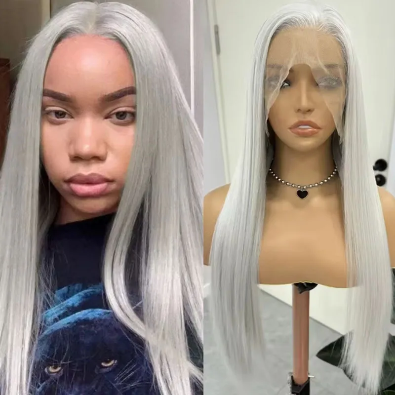 Perruque Lace Front Wig synthétique lisse gris argenté, perruque longue en soie 13x4, perruque Lace Front Wig pour femmes, usage
Perruque Lace Front Wig synthétique lisse gris argenté, perruque longue en soie 13x4, perruque Lace Front Wig pour femmes, usage