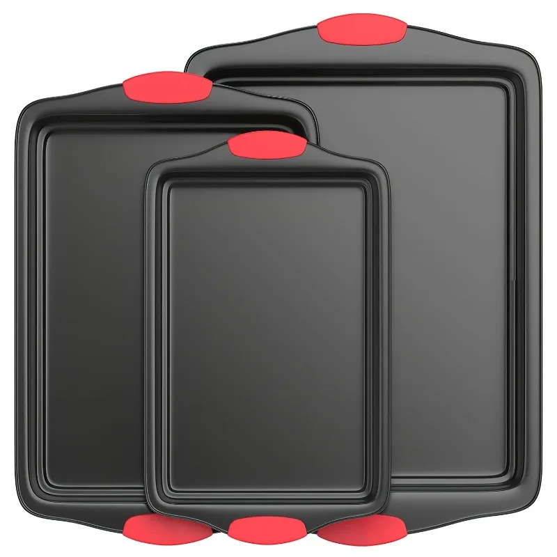 3-Piece Non-Stick Baking Sheet Set with Red Silicone Handles, 3-Size Rectangular Cookie Pan for Oven & Kitchen
3-Piece Non-Stick Baking Sheet Set with Red Silicone Handles, 3-Size Rectangular Cookie Pan for Oven & Kitchen