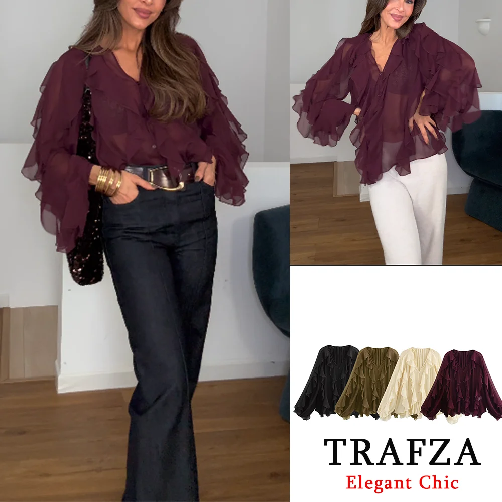 TRAFZA Women Elegant Burgundy Ruffled Cardigan See Through Shirts New 2025 Fashion Spring Fall Ruffled Shirts Party Date Tops
TRAFZA Women Elegant Burgundy Ruffled Cardigan See Through Shirts New 2025 Fashion Spring Fall Ruffled Shirts Party Date Tops