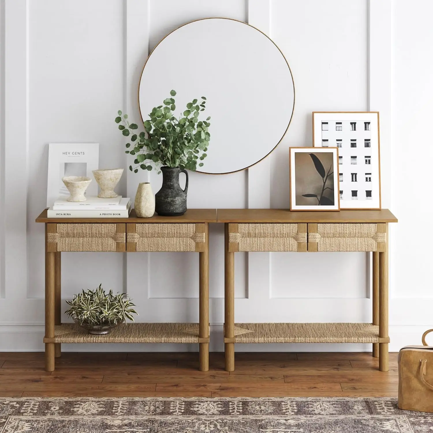 Wooden Sofa Console Table with Drawers, Bohemian Entryway Accent, Hallway Furniture with Seagrass Shelf, Light Brown, Set of 2
Wooden Sofa Console Table with Drawers, Bohemian Entryway Accent, Hallway Furniture with Seagrass Shelf, Light Brown, Set of 2