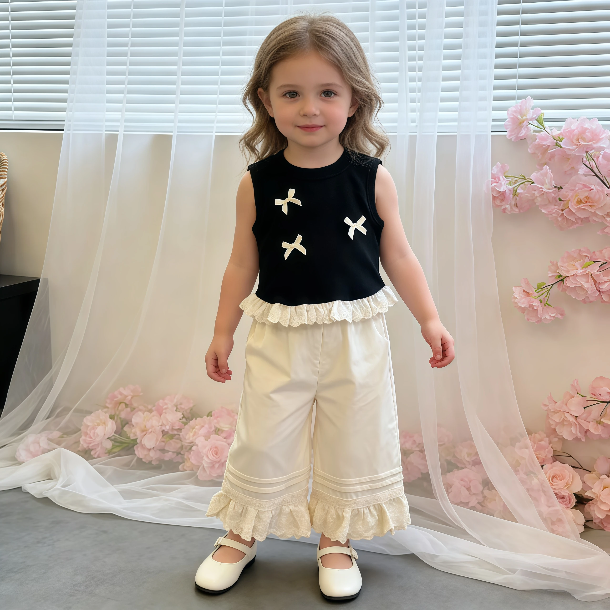 Fashion Two-Piece Children Girls Sets Baby Summer Clothes Bow Black Tops With Lace Bottom Pants Comfortable Casual Kids Clothing
Fashion Two-Piece Children Girls Sets Baby Summer Clothes Bow Black Tops With Lace Bottom Pants Comfortable Casual Kids Clothing