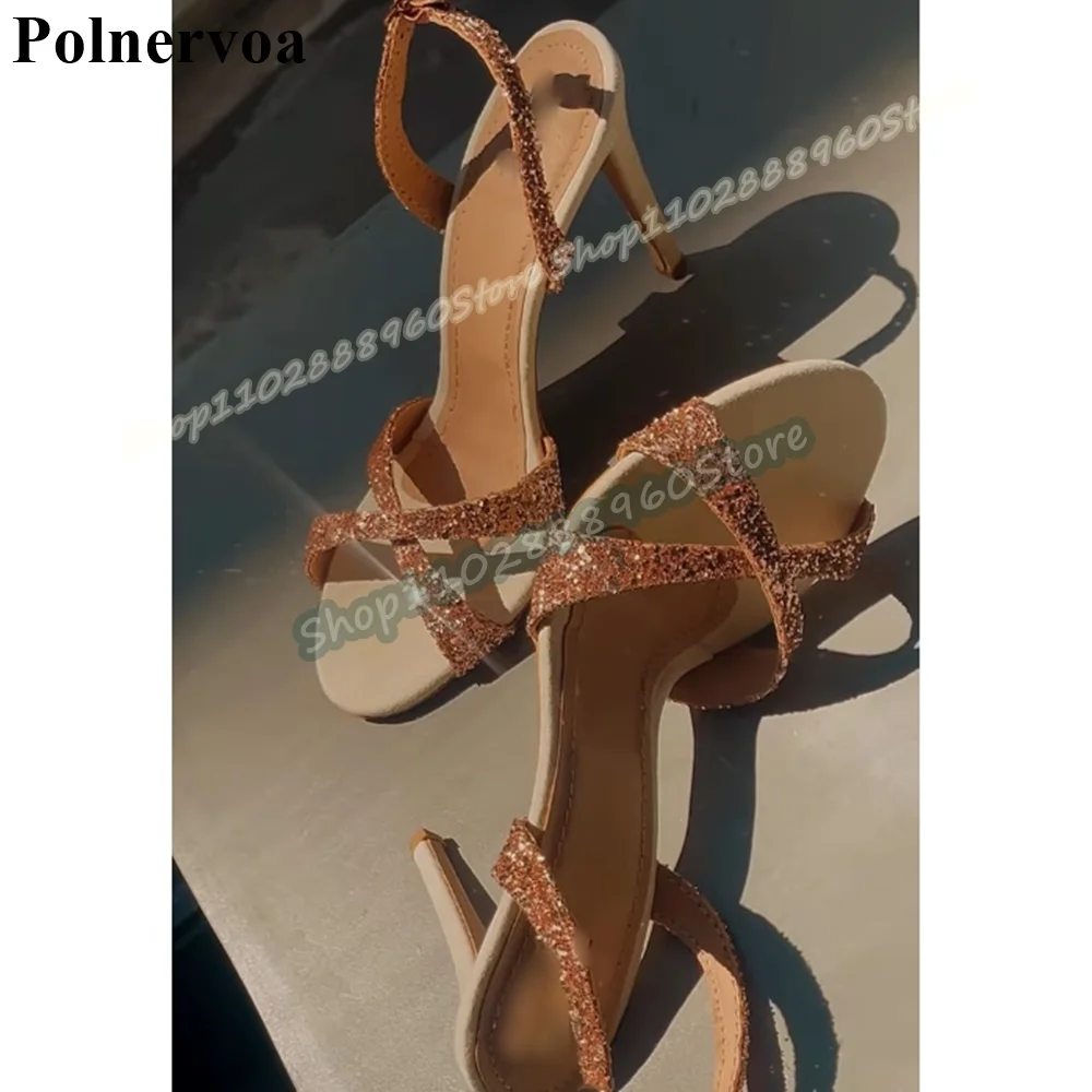 Champagne Glitter Shallow Cross Strap Sandals Thin High Heel Shoes For Women Buckle Strap Open Toe Luxury Banquet Women Sandals 
Champagne Glitter Shallow Cross Strap Sandals Thin High Heel Shoes For Women Buckle Strap Open Toe Luxury Banquet Women Sandals