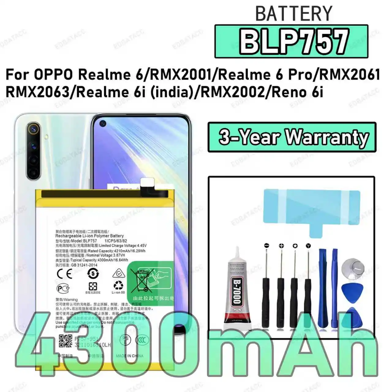 100% New High Quality BLP757 Battery For OPPO Realme 6/RMX2001/Realme 6 Pro/RMX2061/RMX2063/Realme 6i india Replacement Battery
100% New High Quality BLP757 Battery For OPPO Realme 6/RMX2001/Realme 6 Pro/RMX2061/RMX2063/Realme 6i india Replacement Battery