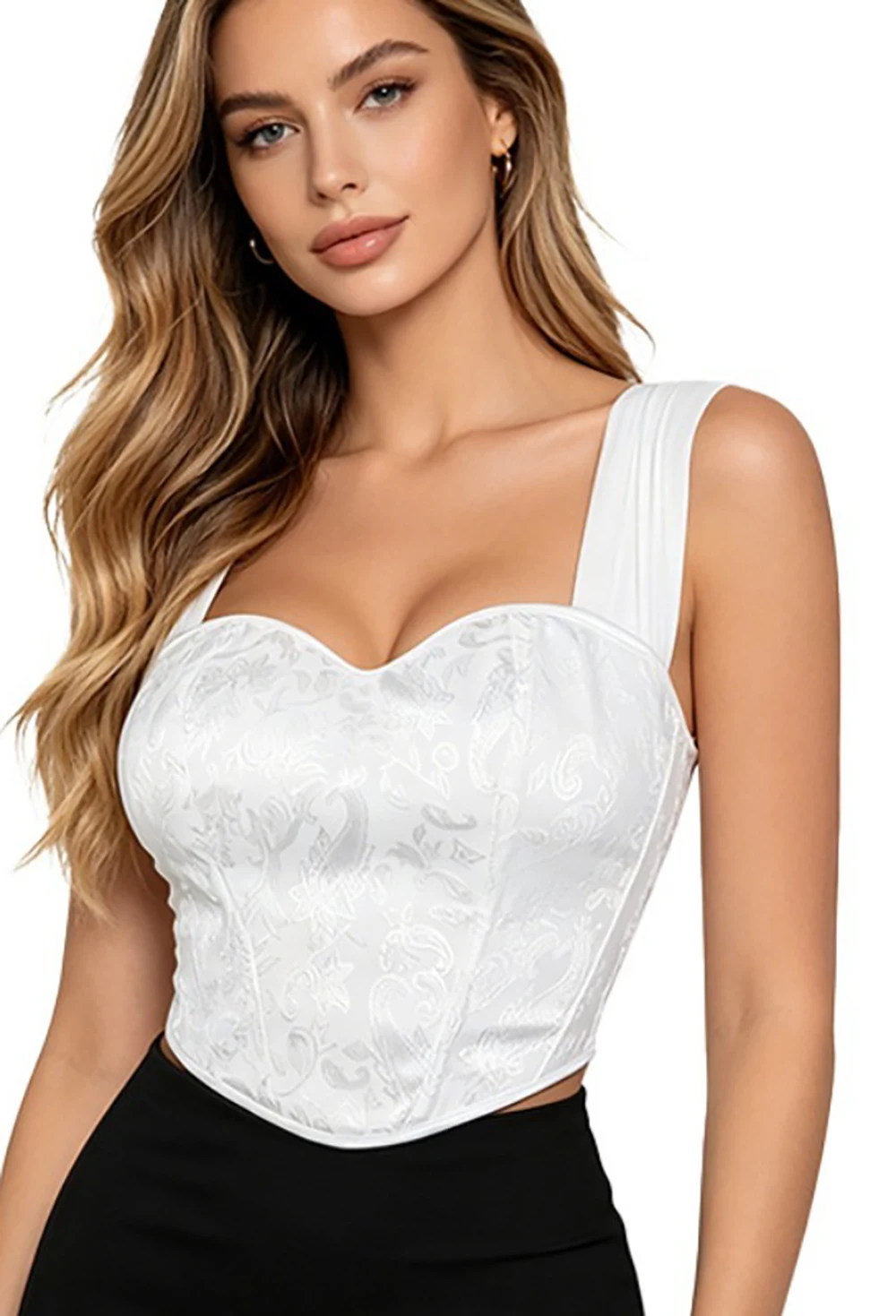 White Short Sleeve Tulle Paneled with Printed Design and Spaghetti Straps White Printed Short Sleeve Corset Crop Top Corselet
White Short Sleeve Tulle Paneled with Printed Design and Spaghetti Straps White Printed Short Sleeve Corset Crop Top Corselet