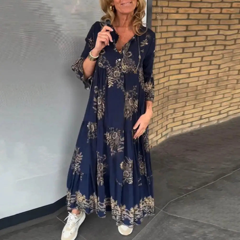 Long Dress Bohemian Style V Neck Maxi Dress with Digital Print Loose Pleated A-line Silhouette for Women's Vacation Beachwear
Long Dress Bohemian Style V Neck Maxi Dress with Digital Print Loose Pleated A-line Silhouette for Women's Vacation Beachwear