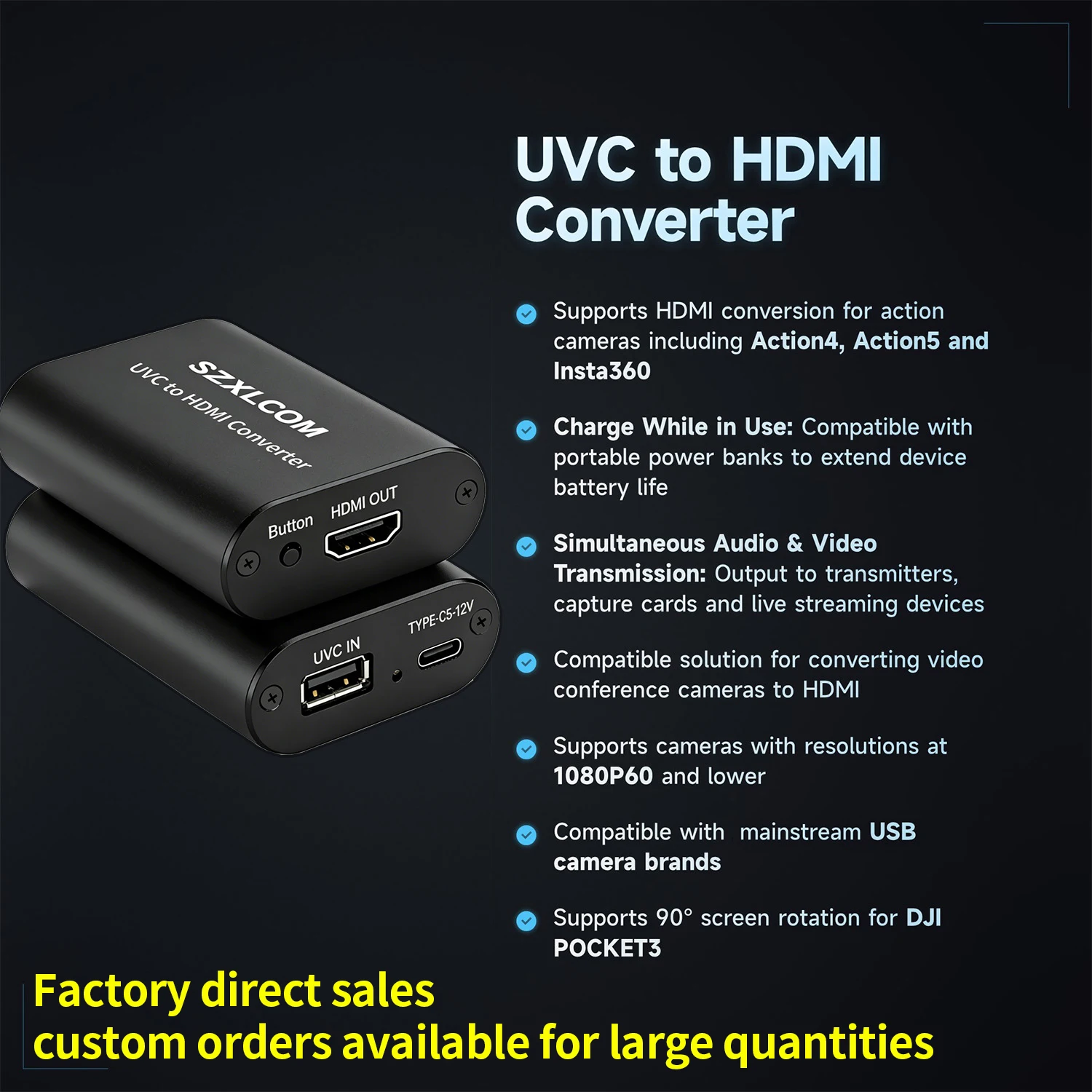 SZXLCOM UVC to HDMI Converter 1080P60 MJPEG Compatible with DJI Pocket 3 / Insta360 / USB Camera for live streaming/teaching etc
SZXLCOM UVC to HDMI Converter 1080P60 MJPEG Compatible with DJI Pocket 3 / Insta360 / USB Camera for live streaming/teaching etc