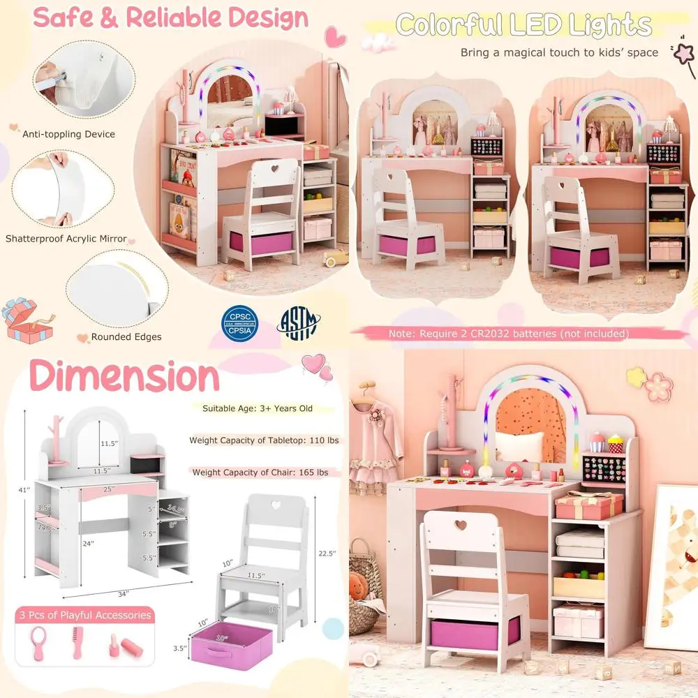 White Wooden Toddler Vanity Set with Lighted Mirror, Storage, and Chair
White Wooden Toddler Vanity Set with Lighted Mirror, Storage, and Chair