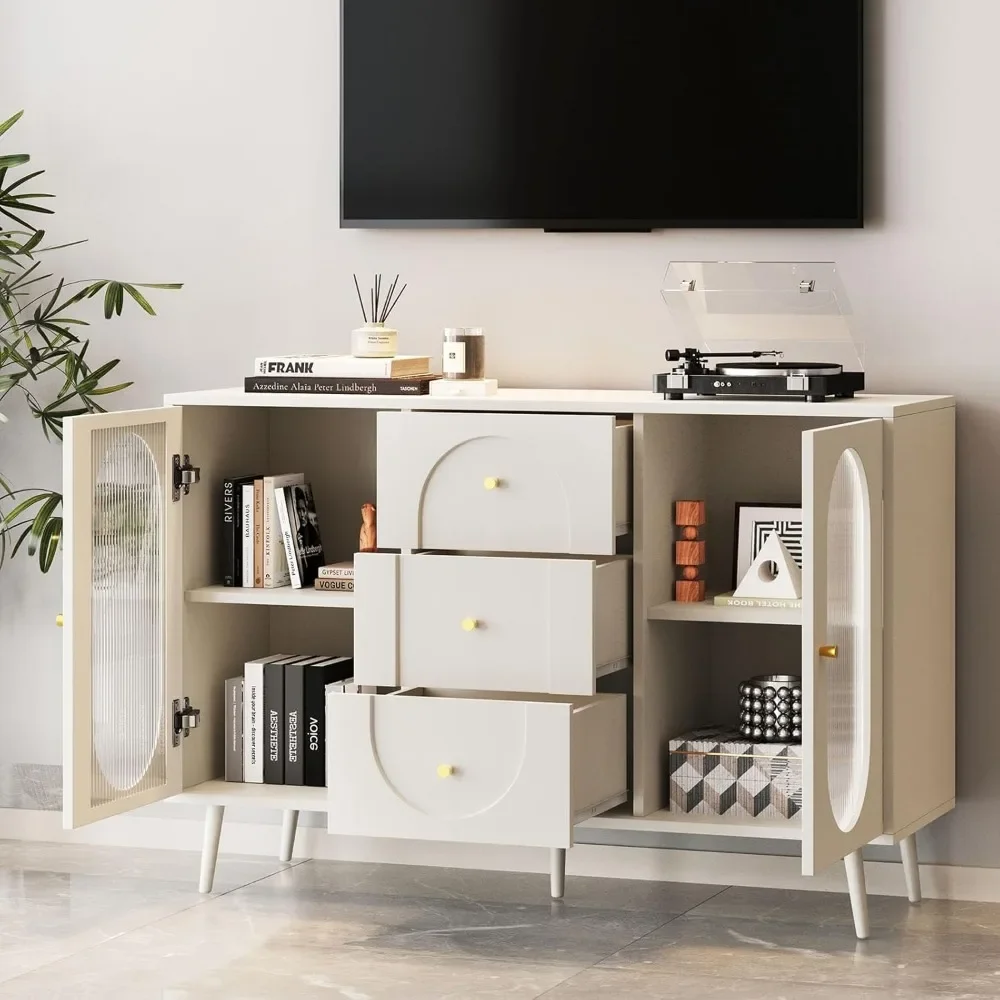 Buffet Cabinet with Storage and 3 Drawers, Mid-Century Modern Fluted Glass 2-Door Sideboard Cabinet
Buffet Cabinet with Storage and 3 Drawers, Mid-Century Modern Fluted Glass 2-Door Sideboard Cabinet