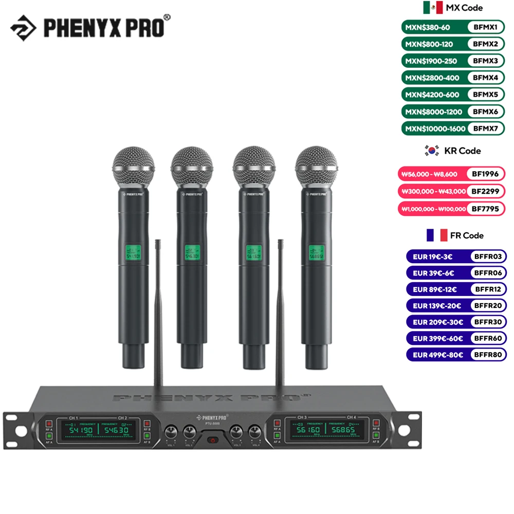 Беспроводная микрофонная система Phenyx Pro для караоке, домашняя система, 4-канальный Профессиональный динамик UHF, освещение для пения
Беспроводная микрофонная система Phenyx Pro для караоке, домашняя система, 4-канальный Профессиональный динамик UHF, освещение для пения