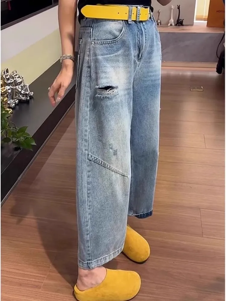 High Waist plus Size Denim Jeans Women's Spring Summer New Style Casual Loose Fit Hole Design Cover up Wide Leg Nine Pants
High Waist plus Size Denim Jeans Women's Spring Summer New Style Casual Loose Fit Hole Design Cover up Wide Leg Nine Pants