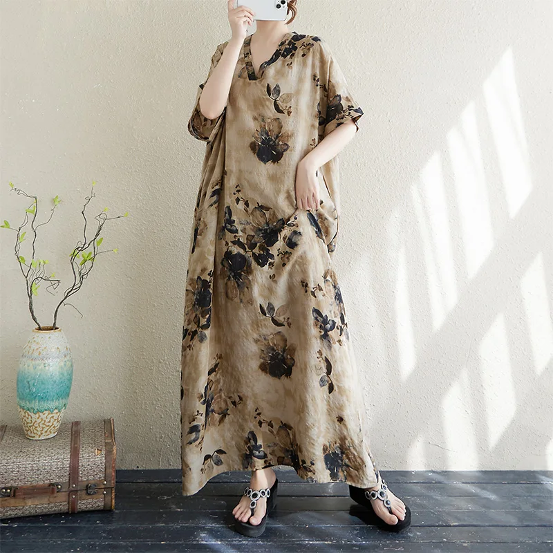 Slimming Summer V-neck Cotton Lin Loose Long Beach Skirt Artistic Holiday Style Women's Dress Retro Meat Concealing Robe
Slimming Summer V-neck Cotton Lin Loose Long Beach Skirt Artistic Holiday Style Women's Dress Retro Meat Concealing Robe