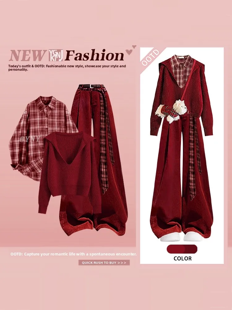 Red Hooded Sweater Plaid irt Wide Leg Pants Tee Piece Set for plus Size Women Winter New Year Zodiac Aosphere Sensation
Red Hooded Sweater Plaid irt Wide Leg Pants Tee Piece Set for plus Size Women Winter New Year Zodiac Aosphere Sensation