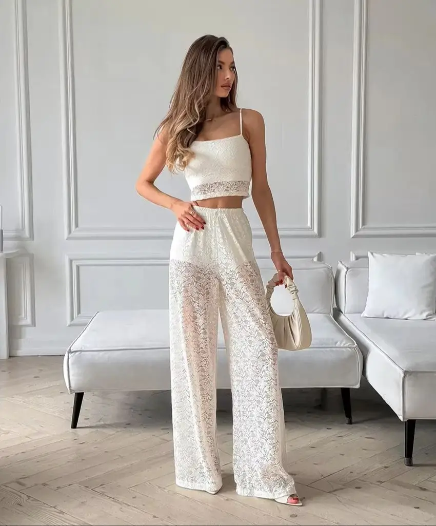 Spring Lace Perspective Strap Vest Set Suit Women Sleeveless Camisole Vest Tops+high Waist Wide-leg Pants Autumn Two Piece Set
Spring Lace Perspective Strap Vest Set Suit Women Sleeveless Camisole Vest Tops+high Waist Wide-leg Pants Autumn Two Piece Set