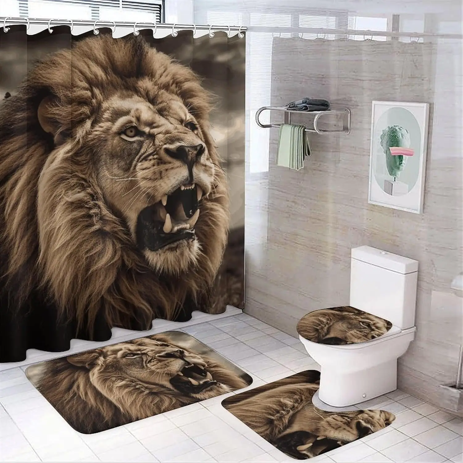 Набор штор для душа Angry Lion из 4 предметов с нескользящими ковриками, крышкой для унитаза и ковриком для ванной Мягкий ковер для ванной Водонепроницаемый коврик для ванной комнаты 
Набор штор для душа Angry Lion из 4 предметов с нескользящими ковриками, крышкой для унитаза и ковриком для ванной Мягкий ковер для ванной Водонепроницаемый коврик для ванной комнаты