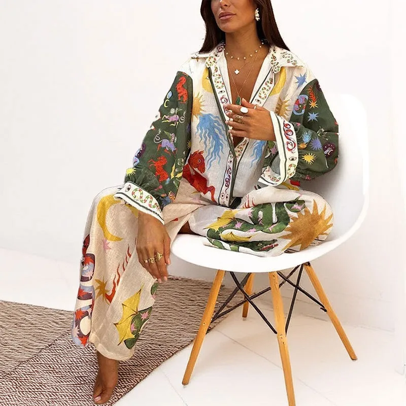New Casual Printed V-neck Shirt and Wide-leg Pants Women's Spring Set for Cross-border European and American Women's Wear
New Casual Printed V-neck Shirt and Wide-leg Pants Women's Spring Set for Cross-border European and American Women's Wear