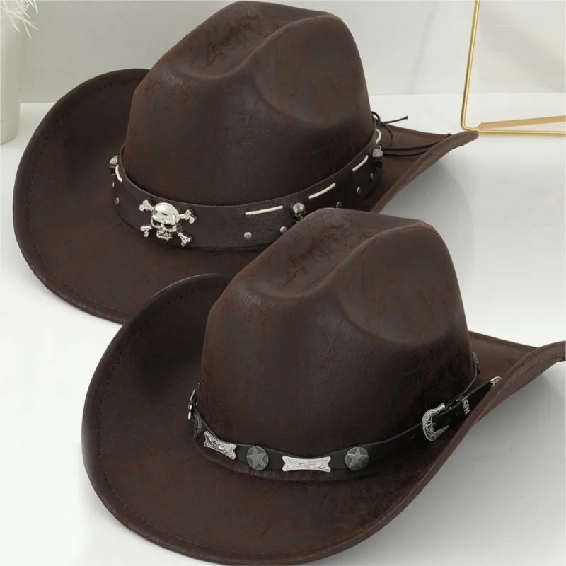 The men's and women's leather hats with skull bone belts curved brims can be used as PROM top
The men's and women's leather hats with skull bone belts curved brims can be used as PROM top