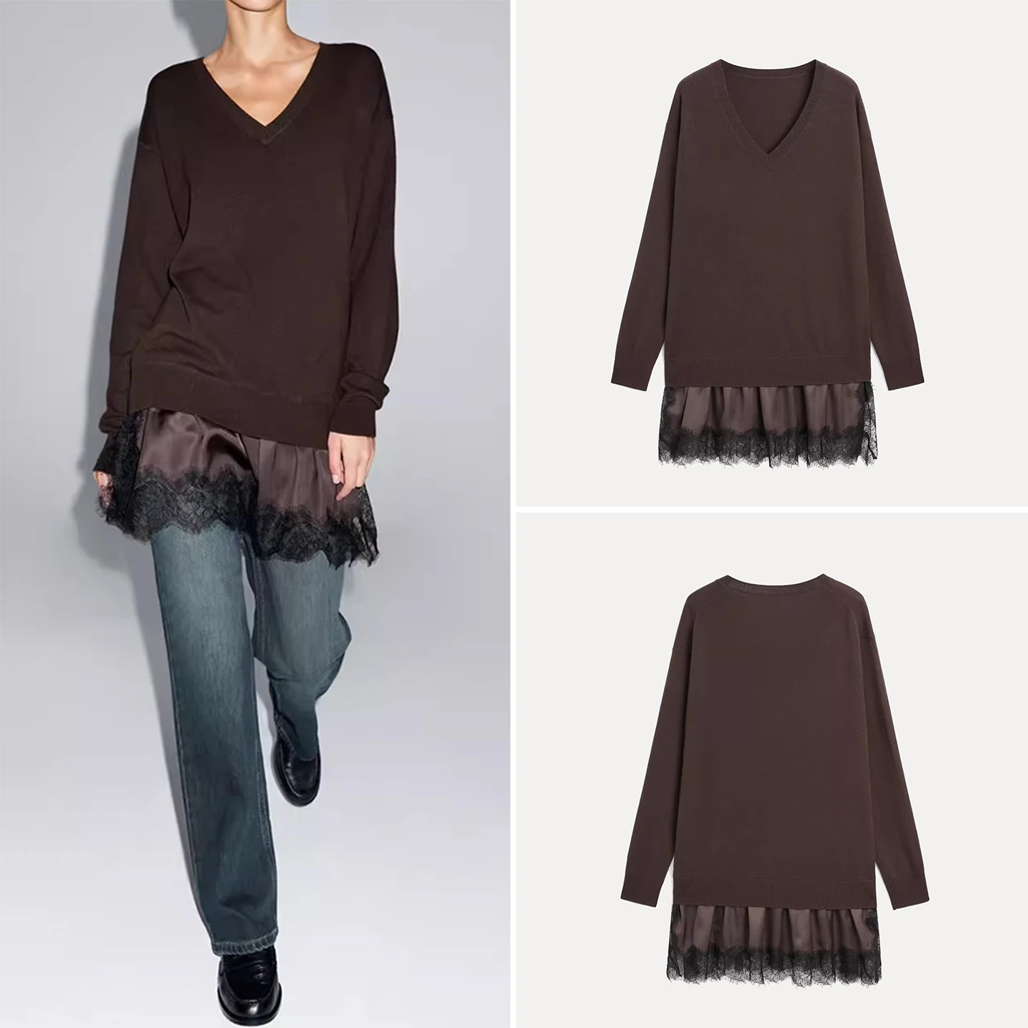 Faionable Lace Patchwork Dr Women's Knitted Long Sve V-Ne Mid-Length Gown Z Brand Daily Wear Autumn New Sle
Faionable Lace Patchwork Dr Women's Knitted Long Sve V-Ne Mid-Length Gown Z Brand Daily Wear Autumn New Sle