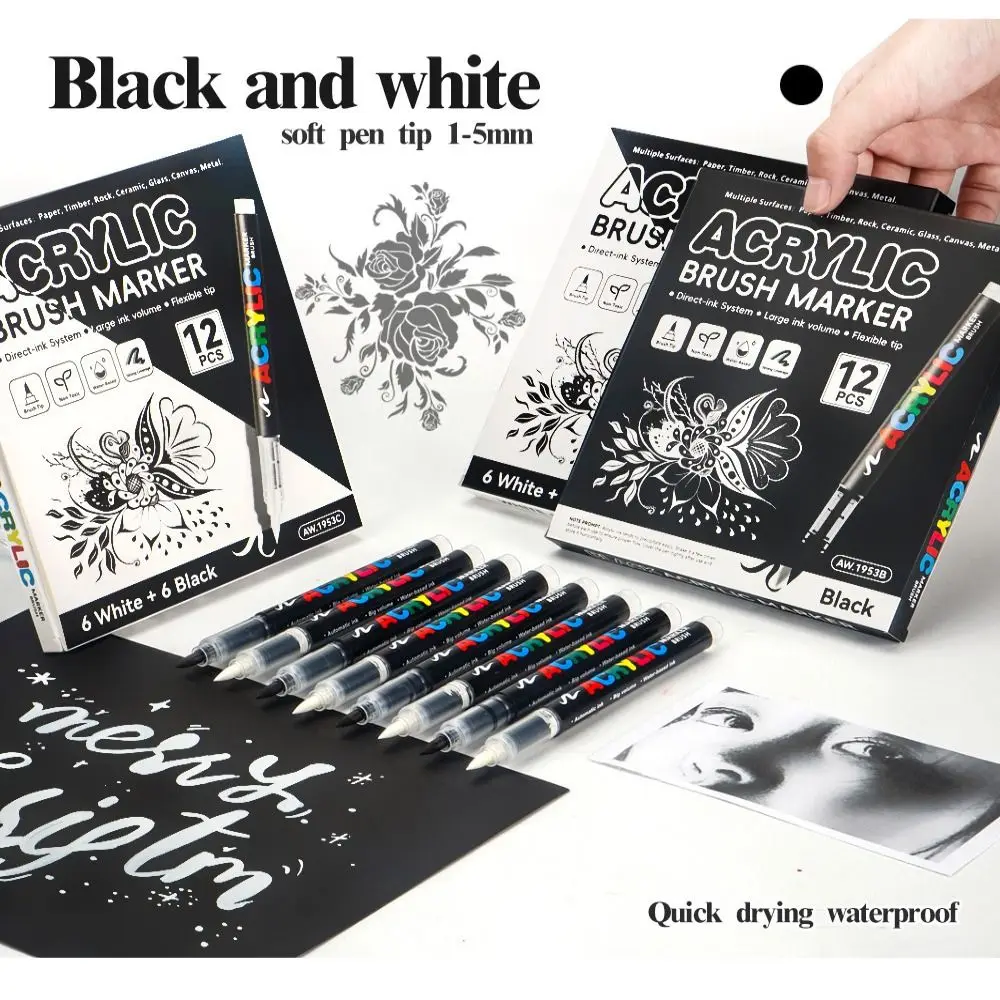 12Pcs/Box Black/White Acrylic Marker Pen Waterproof Soft Tip Acrylic Paint Markers DIY Quickly Dry Direct-Liquid Ink Marker
12Pcs/Box Black/White Acrylic Marker Pen Waterproof Soft Tip Acrylic Paint Markers DIY Quickly Dry Direct-Liquid Ink Marker