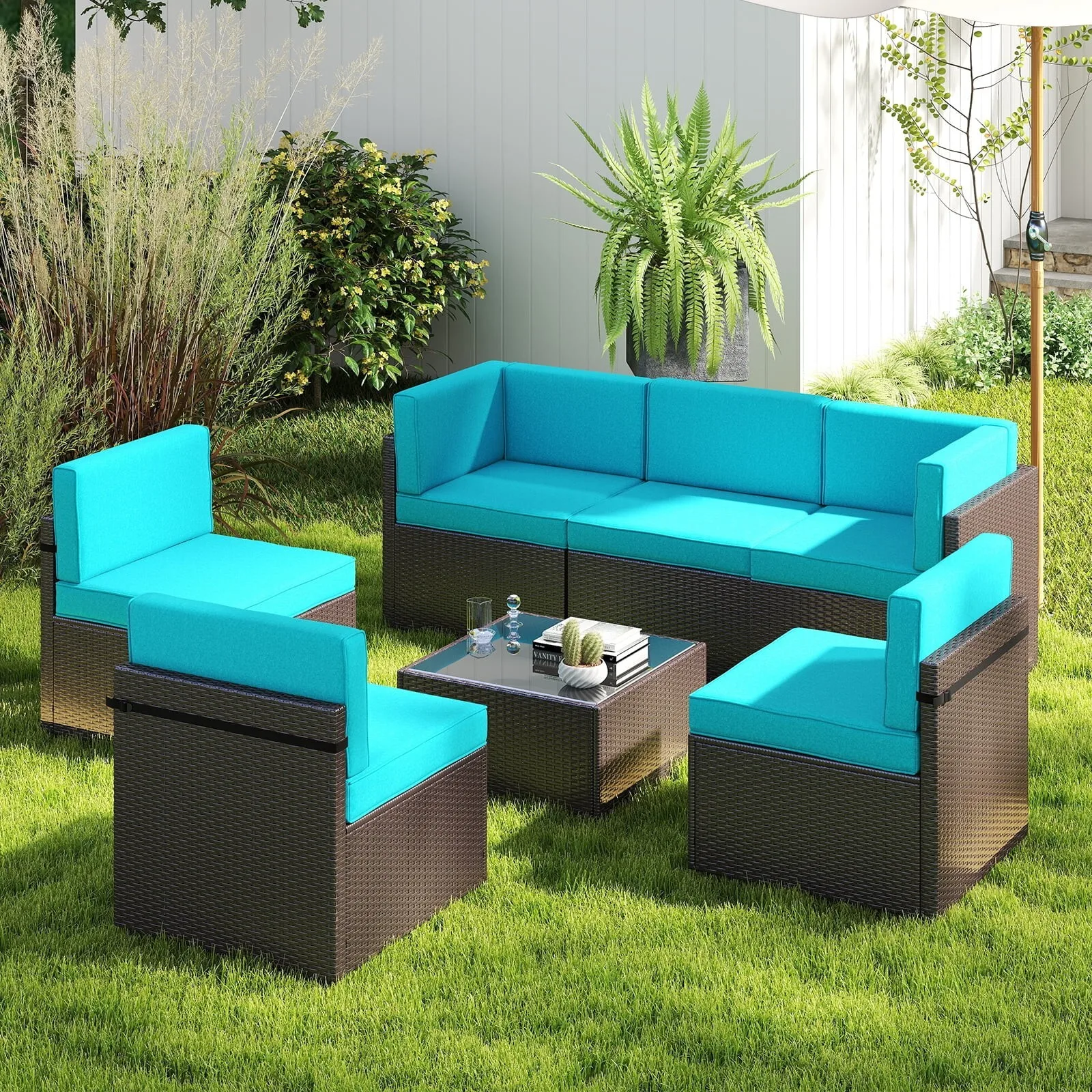 7Pcs Outdoor Patio Furniture Sets PE Wicker Sectional Sofa Set, Turquoise
7Pcs Outdoor Patio Furniture Sets PE Wicker Sectional Sofa Set, Turquoise