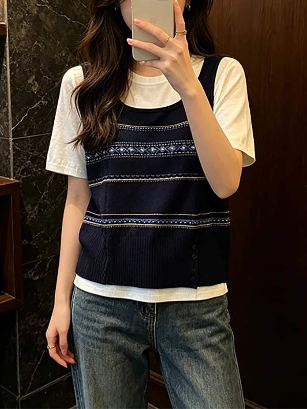 plus Size Summer New Thin Color Block Embroidery Geometric Knit Short Sleeve T-Shirt True Two-Piece Set Fashionable Ensemble
plus Size Summer New Thin Color Block Embroidery Geometric Knit Short Sleeve T-Shirt True Two-Piece Set Fashionable Ensemble