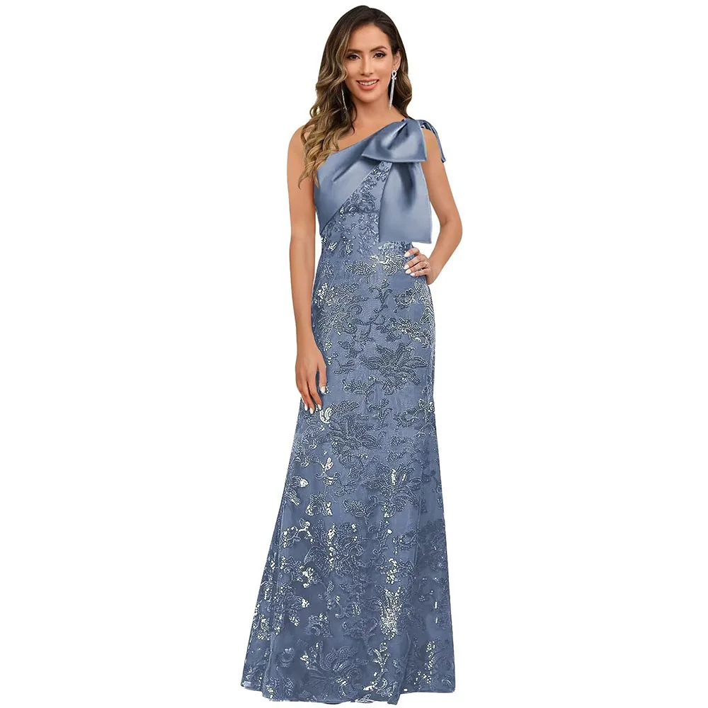 Customized Exquisite One Shoulder Mother of Bride Dresses Long Appliques Sequin Lace Mermaid Wedding Guest Dress with Bow 2025 
Customized Exquisite One Shoulder Mother of Bride Dresses Long Appliques Sequin Lace Mermaid Wedding Guest Dress with Bow 2025