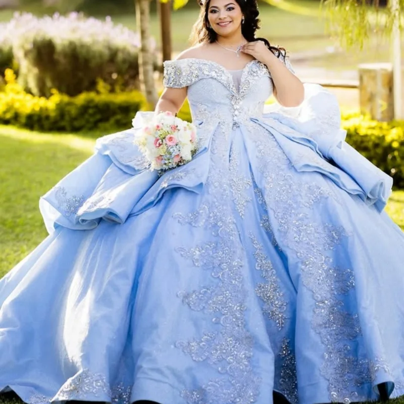 Shiny sky blue Quinceanera Dress Lace off-shoulder Tull crystal glitter decal Bow vestidos de 15 Quinceanera Customized
Shiny sky blue Quinceanera Dress Lace off-shoulder Tull crystal glitter decal Bow vestidos de 15 Quinceanera Customized