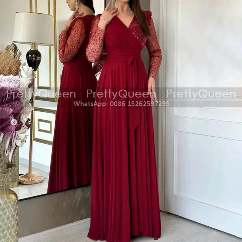 Bling Sequins Long Sleeves Mother of the Bride Dresses A Line Customized V Neck Sash Chiffon Prom Dress Party For Women
Bling Sequins Long Sleeves Mother of the Bride Dresses A Line Customized V Neck Sash Chiffon Prom Dress Party For Women