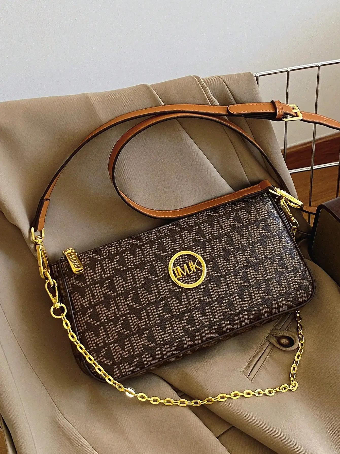 Women's Brown Monogram Print Rectangular Crossbody Bag with Gold Chain Strap
Women's Brown Monogram Print Rectangular Crossbody Bag with Gold Chain Strap