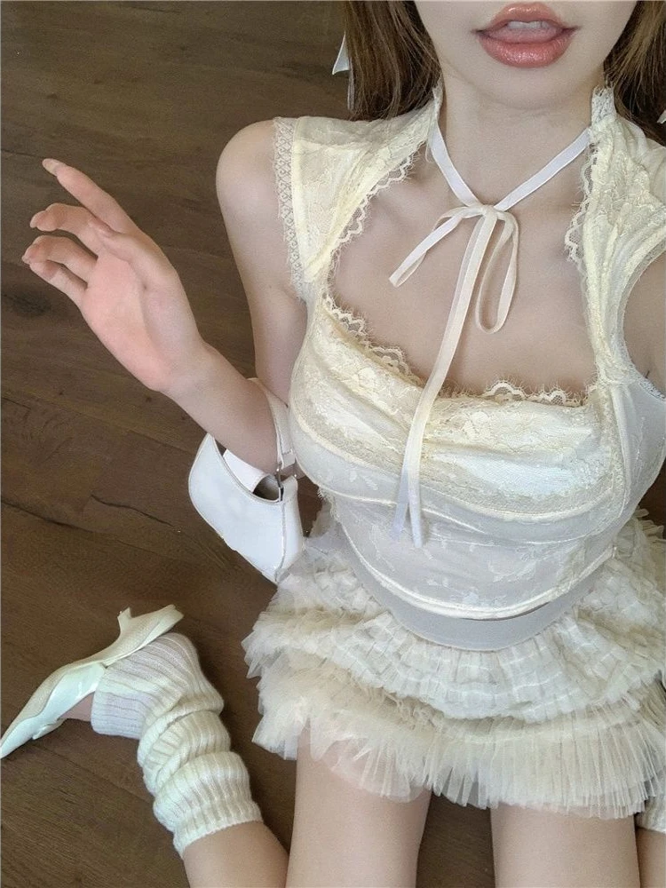 2023 Summer Female Sexy Sleeveless French 2 Piece Dress Set Lace Y2k Tops + Mini Cake Skirts Korean Fashion Bodycon Suits Chic
2023 Summer Female Sexy Sleeveless French 2 Piece Dress Set Lace Y2k Tops + Mini Cake Skirts Korean Fashion Bodycon Suits Chic