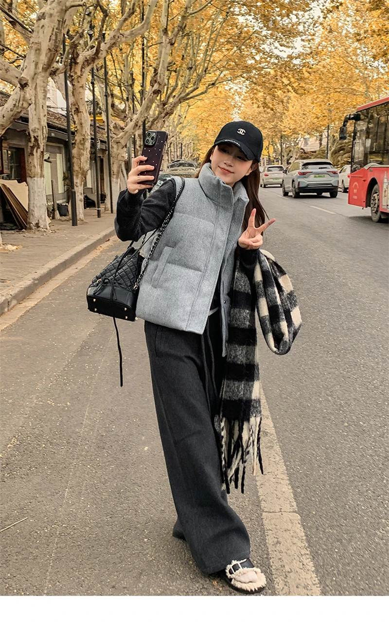 Short Down cotton Vest Women's 2025 Korean Fashion New Stand-up Sleeveless Zipper Student Vest Jacket Black Gray Waistcoat Tide 173 S6a8a2a160c0942e0982a1aa7969a4e03p