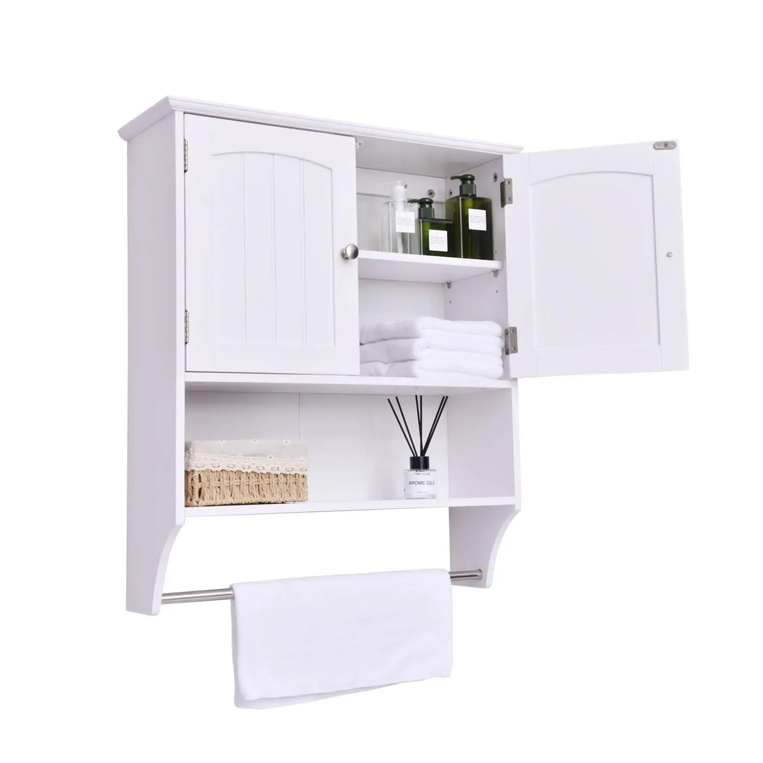 White Bathroom Cabinet Wall Mounted with Towels Bar, Over Toilet Storage Cabinet with 2 Doors and Adjustable Shelf,, Customized
White Bathroom Cabinet Wall Mounted with Towels Bar, Over Toilet Storage Cabinet with 2 Doors and Adjustable Shelf,, Customized