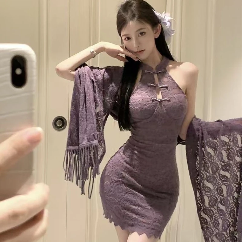 Sexy hot girl, purple new Chinese-style style shawl cardigan, lace cutout cheongsam, neckband dress set L701
Sexy hot girl, purple new Chinese-style style shawl cardigan, lace cutout cheongsam, neckband dress set L701