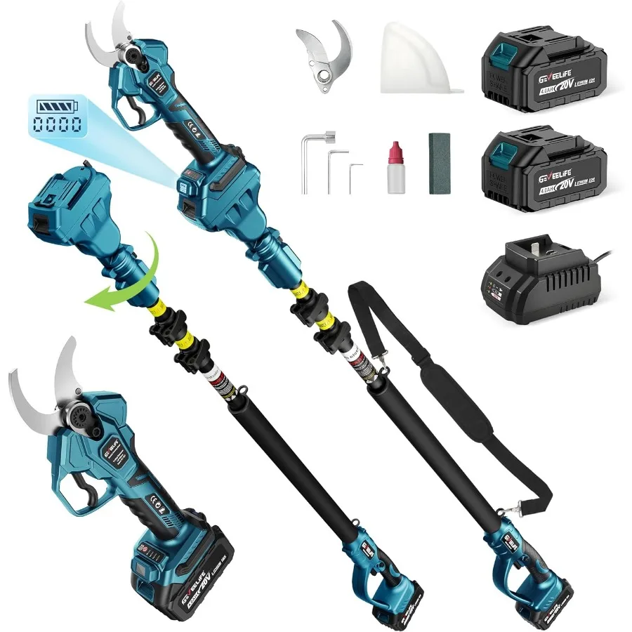 2-in-1 Cordless Electric Pruning Shears with 1.6 Cutting Diameter 12.8ft Reach Extension Pole 2×4.0Ah Batteries Silver Metal Bo
2-in-1 Cordless Electric Pruning Shears with 1.6 Cutting Diameter 12.8ft Reach Extension Pole 2×4.0Ah Batteries Silver Metal Bo
