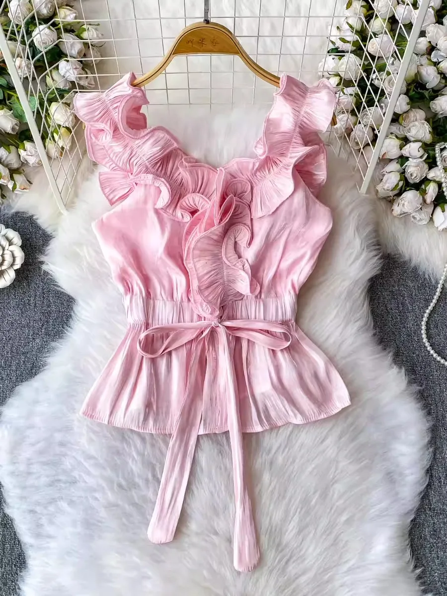 Foamlina, молодежный милый жилет с лямкой на шее и рюшами для девочек, летний нишевый дизайн, глянцевый топ с затянутой талией, майки Hight Street, майки Y2K
Foamlina, молодежный милый жилет с лямкой на шее и рюшами для девочек, летний нишевый дизайн, глянцевый топ с затянутой талией, майки Hight Street, майки Y2K