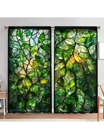 Cortina impresa para ventana de vidrio de plantas, 2 uds., para decoración del hogar, tratamiento de ventana con bolsillo para dormitorio, oficina, cocina