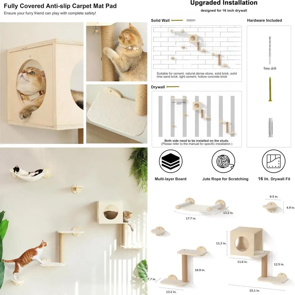 Набор из 5 бежевых деревянных настенных полок для кошек с гамаком, лазалкой, домиком, ступеньками и стойкой для когтей
Набор из 5 бежевых деревянных настенных полок для кошек с гамаком, лазалкой, домиком, ступеньками и стойкой для когтей