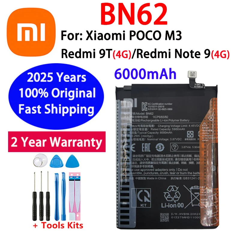 Оригинальный аккумулятор BN62 для Xiaomi POCO M3 Redmi 9T/Redmi Note 9 4G, версия 6000 мАч, аккумуляторы для телефона, быстрая доставка
Оригинальный аккумулятор BN62 для Xiaomi POCO M3 Redmi 9T/Redmi Note 9 4G, версия 6000 мАч, аккумуляторы для телефона, быстрая доставка