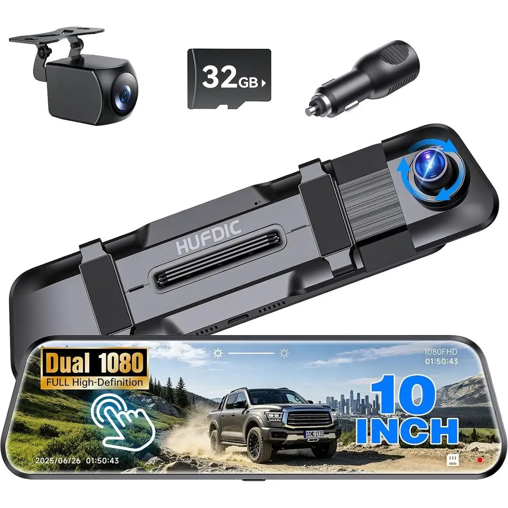 10 Touchscreen Rearview Mirror Camera with 32GB Card, G-Sensor, Loop Recording for Cars
10 Touchscreen Rearview Mirror Camera with 32GB Card, G-Sensor, Loop Recording for Cars
