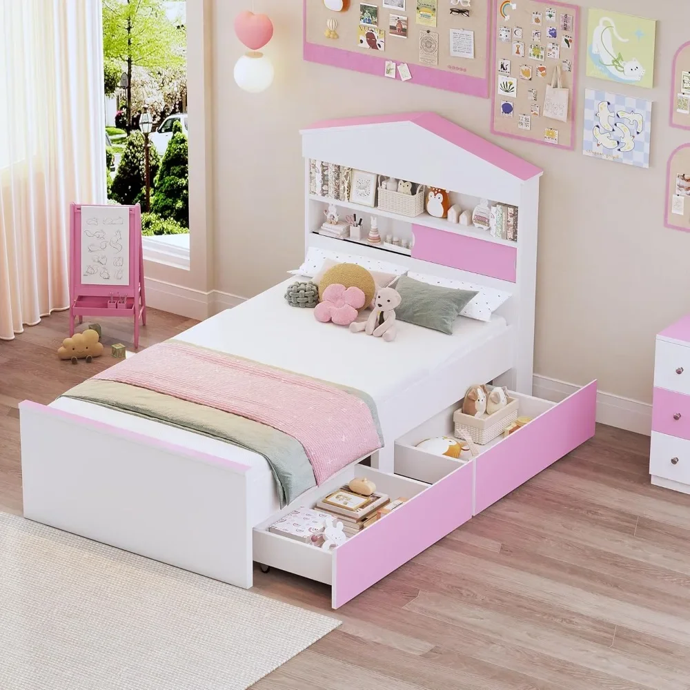 Twin Storage Beds Frame, Twin Size Platform Bed with 2 Storage Drawers, House-Shaped TwinBed with Storage Shelf on The Headboard
Twin Storage Beds Frame, Twin Size Platform Bed with 2 Storage Drawers, House-Shaped TwinBed with Storage Shelf on The Headboard