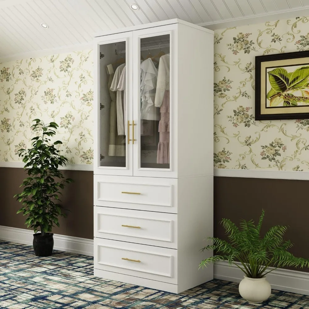 Modern Wardrobe Cabinet with Hanging Rod, Armoire Closet with Gold Handles, 2 Glass Doors and 3 Drawers, for Bedroom Cloakroom
Modern Wardrobe Cabinet with Hanging Rod, Armoire Closet with Gold Handles, 2 Glass Doors and 3 Drawers, for Bedroom Cloakroom