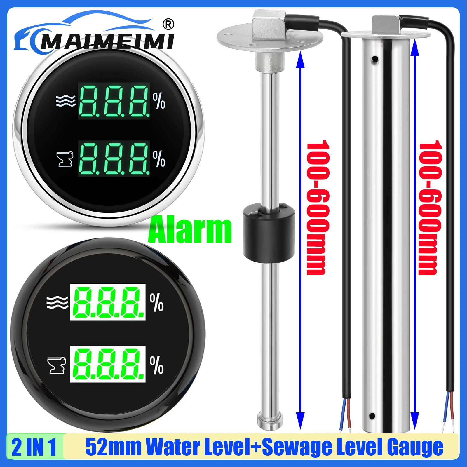 MAIMEIMI 2IN1 52mm Gauge Green LED Digital Water Level+Sewage Level Gauge Warning 0-190ohm Water/Waste Level Sensor 100-600mm
MAIMEIMI 2IN1 52mm Gauge Green LED Digital Water Level+Sewage Level Gauge Warning 0-190ohm Water/Waste Level Sensor 100-600mm