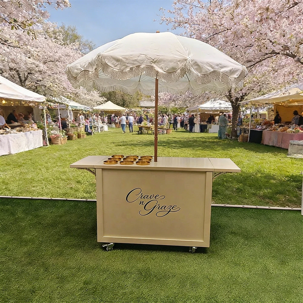 Luxury wooden mobile dining car custom brand logo frame parasol
Luxury wooden mobile dining car custom brand logo frame parasol