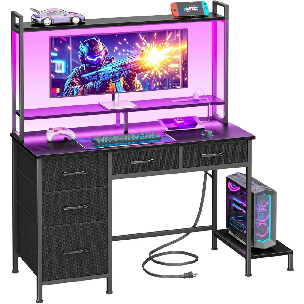 Power Outlets, LED Light, 5 Storage Drawers, 2 Tiers Shelves for Display, 39 Inch Modern Study Writing Table for Bedroom, Black
Power Outlets, LED Light, 5 Storage Drawers, 2 Tiers Shelves for Display, 39 Inch Modern Study Writing Table for Bedroom, Black