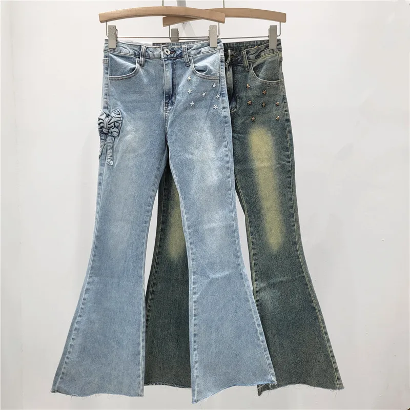 Women Denim Jeans Bow Jean Button Zipper Pocket Full Length Mid Waist Flare Pants Slight Strech Streetwear Casual 2025 Autumn 
Women Denim Jeans Bow Jean Button Zipper Pocket Full Length Mid Waist Flare Pants Slight Strech Streetwear Casual 2025 Autumn